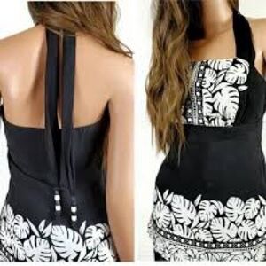 White House Black Market silk halter tie square neck top with monstera print 0